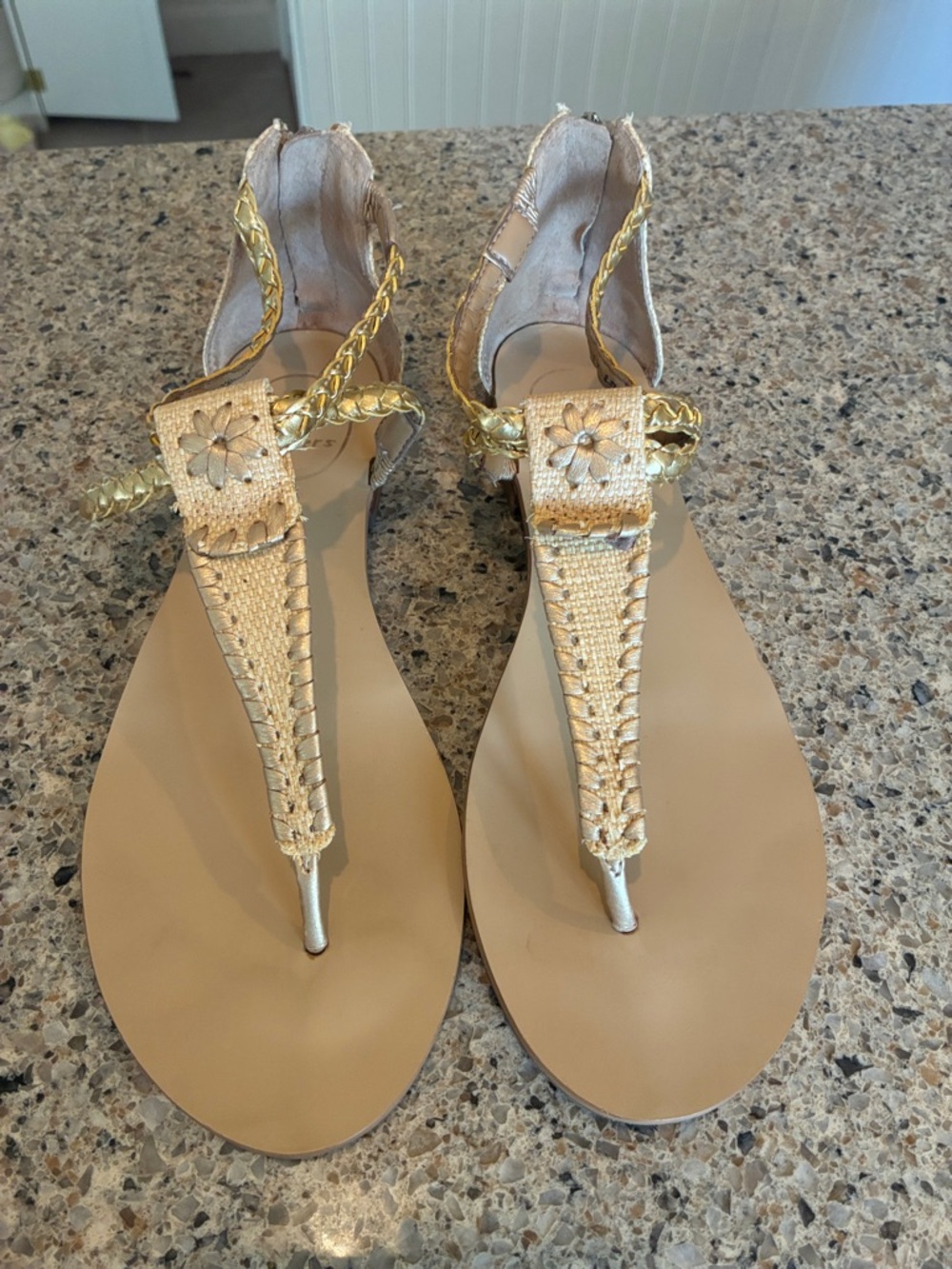 8.5 Jack Rogers Jenna Tanga flat braided ankle strap sandals in gold